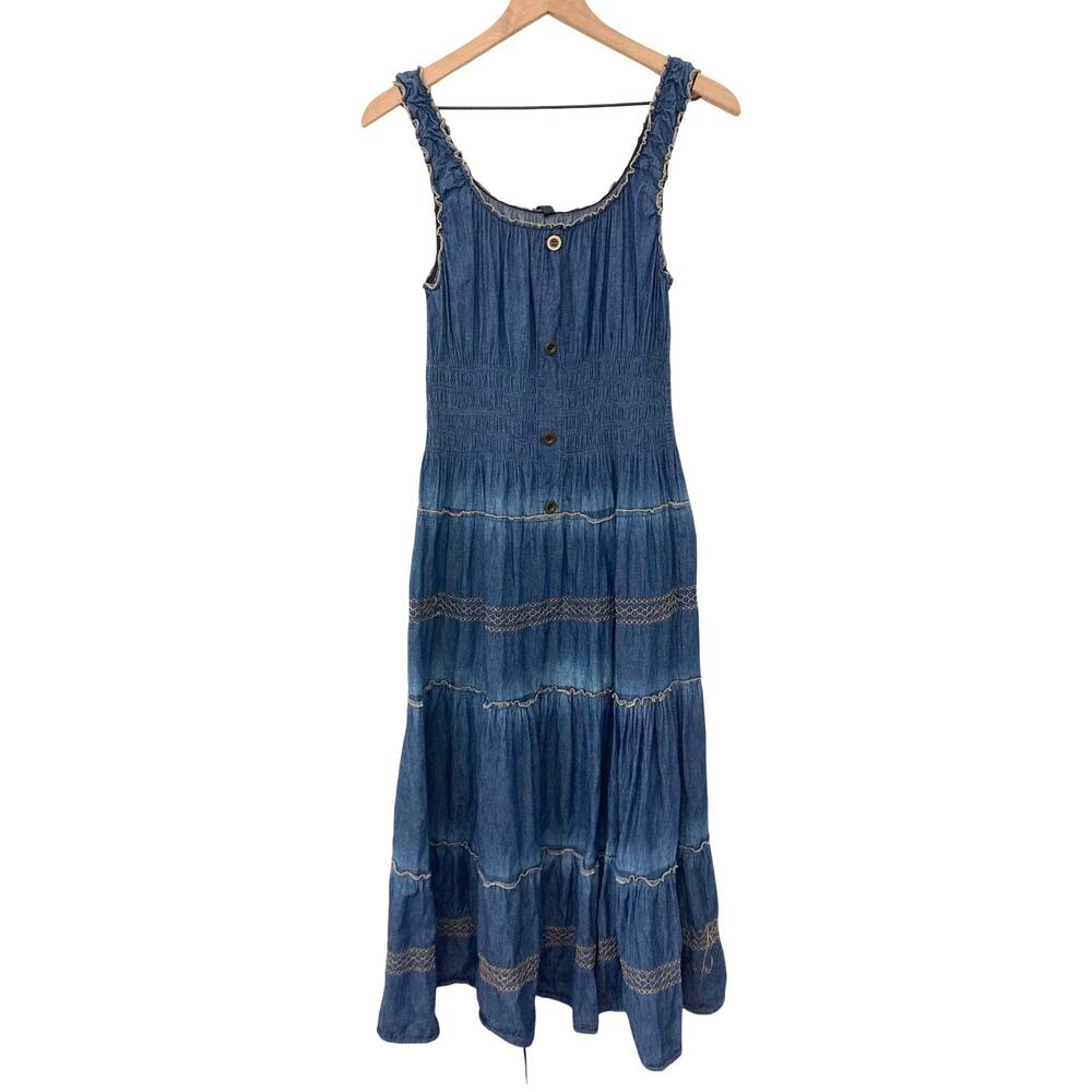 Lapis Denim Ruffle Western Cottagecore 100% Cotton Prairie Fall Blue Maxi Dress
